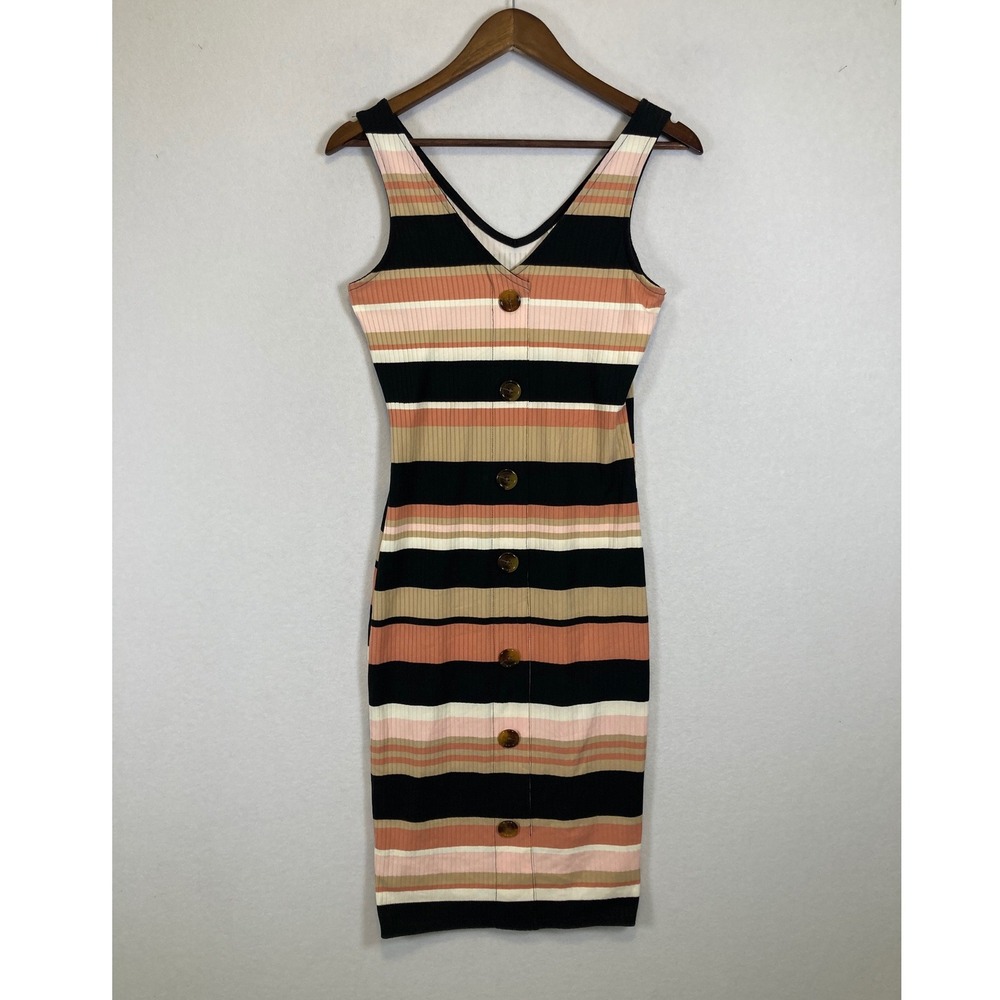 Earthy RetroY2K Women M Multicolor Striped Ribbed Faux Button Dress NWT